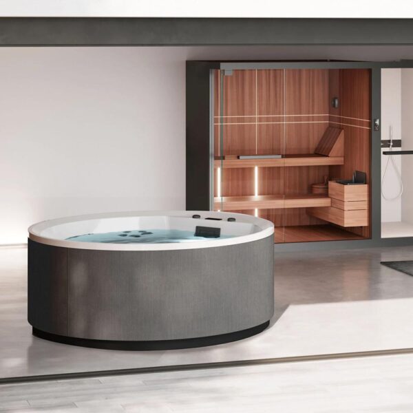 novellini-minipiscina-idromassaggio-rotonda-5-posti-divina-r-standard-28-jets-con-pannelli-fiber-cross-light-grey