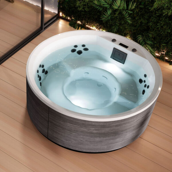 novellini-minipiscina-idromassaggio-rotonda-5-posti-divina-r-standard-28-jets-con-pannelli-natural-touch-oak-concrete-vista dal'alto