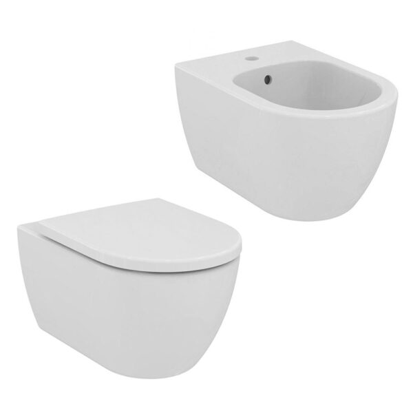 ideal-standard-ellisse-coppia-sanitari-sospesi-vaso-wc-sedile-chiusura-rallentata-e-bidet-bianco-lucido -t569201-+-t569301