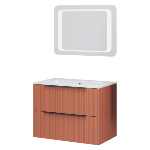 mobile-bagno-sospeso-80-cm-eterna-con-lavabo-in-ceramica,-2-cassetti-effetto-plissettato-colore-mattone-e-specchio-illuminazione-led